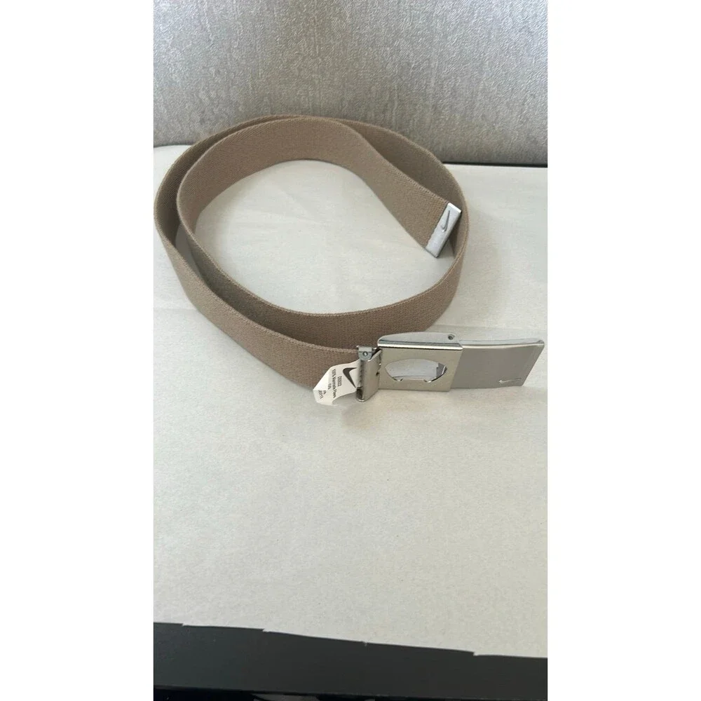 Nike Silver and Tan Leather Belt with Sleek Buckle